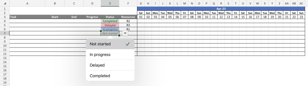Unleashing the Power of MS Excel Gantt Chart for your next project 6 DropDown for Status and Resource