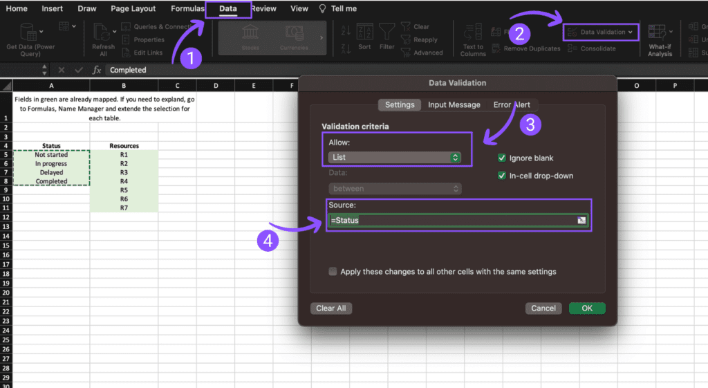 Unleashing the Power of MS Excel Gantt Chart for your next project 5 Step 8 - MS Excel Data Validation